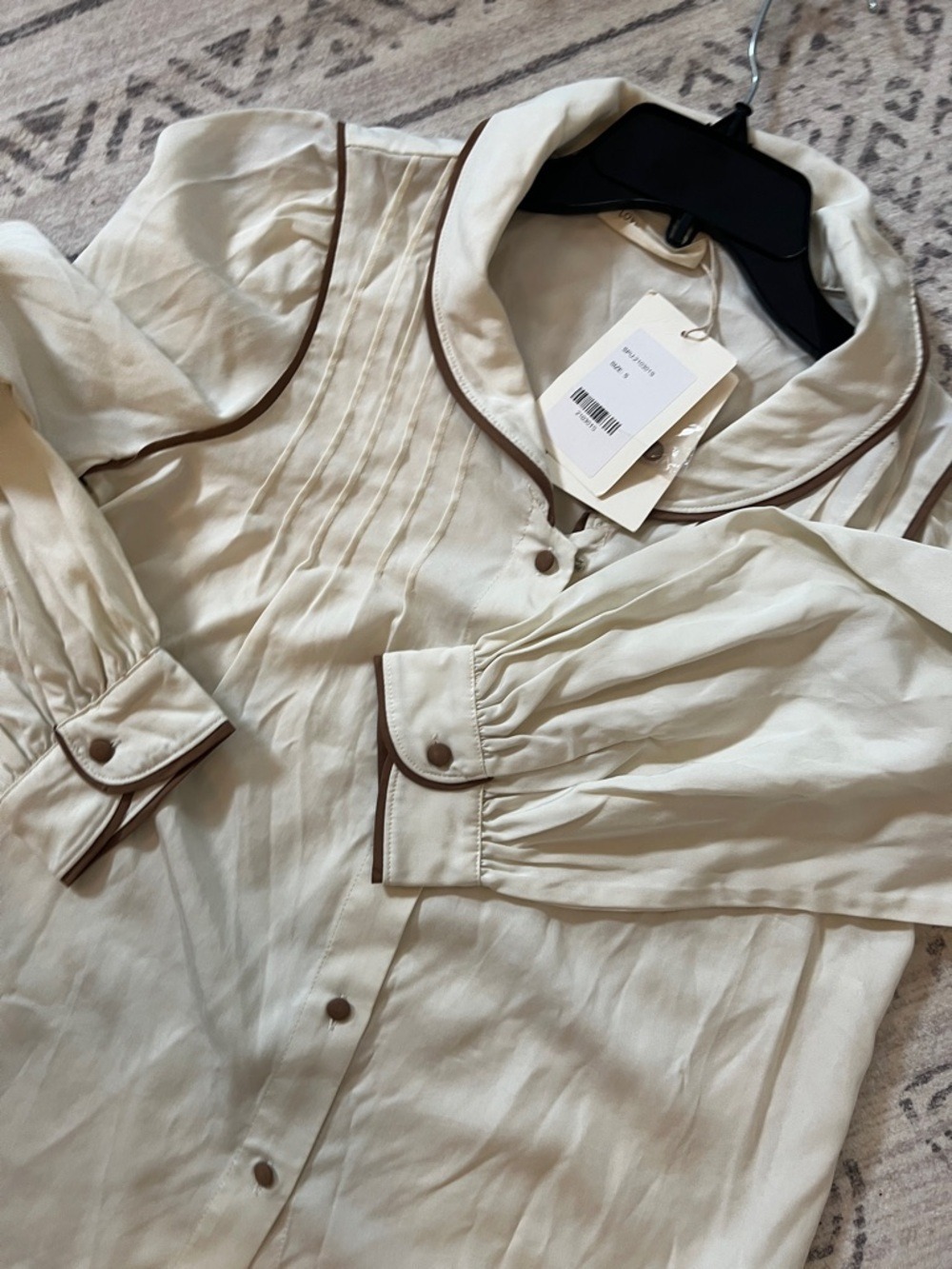 Cream Long-Sleeve Peter Pan Collar Blouse with Brown Trim - Picture 8 of 11